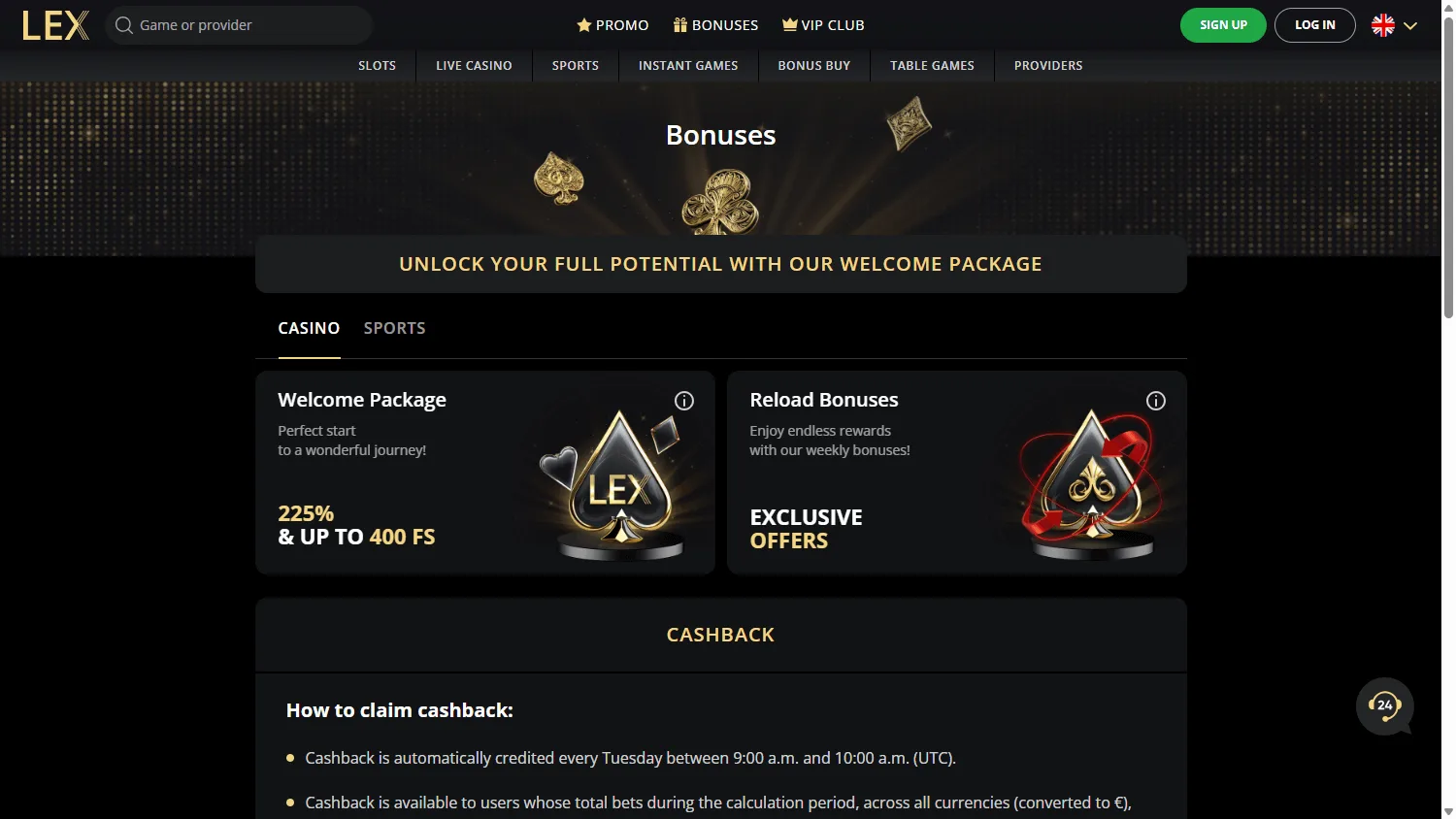 Lex Casino desktop promotions area with welcome and ongoing offers