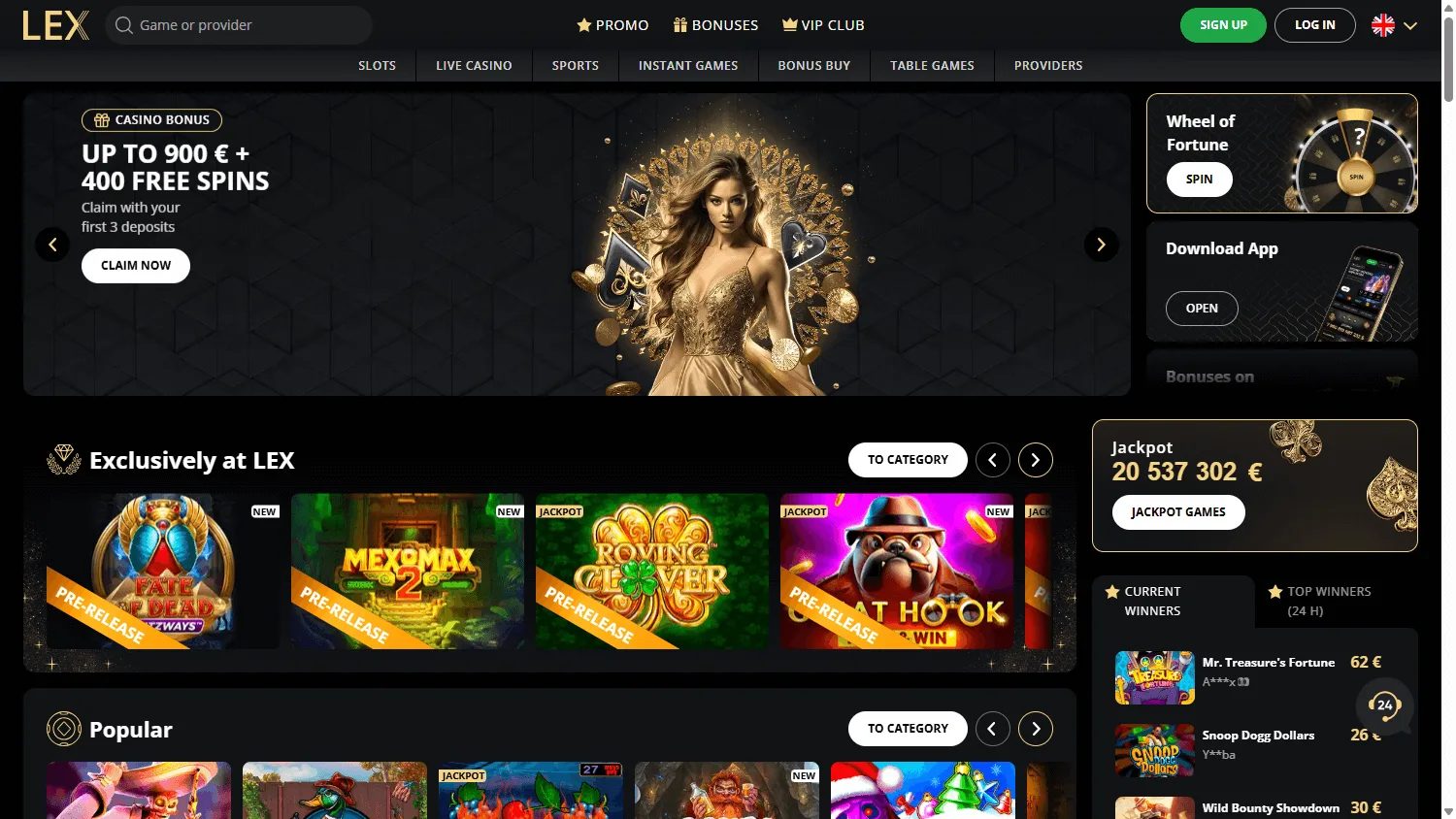 Lex Casino desktop home experience with casino, sportsbook and promotional access
