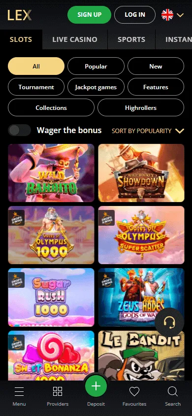 Lex Casino mobile games area with casino categories and play options