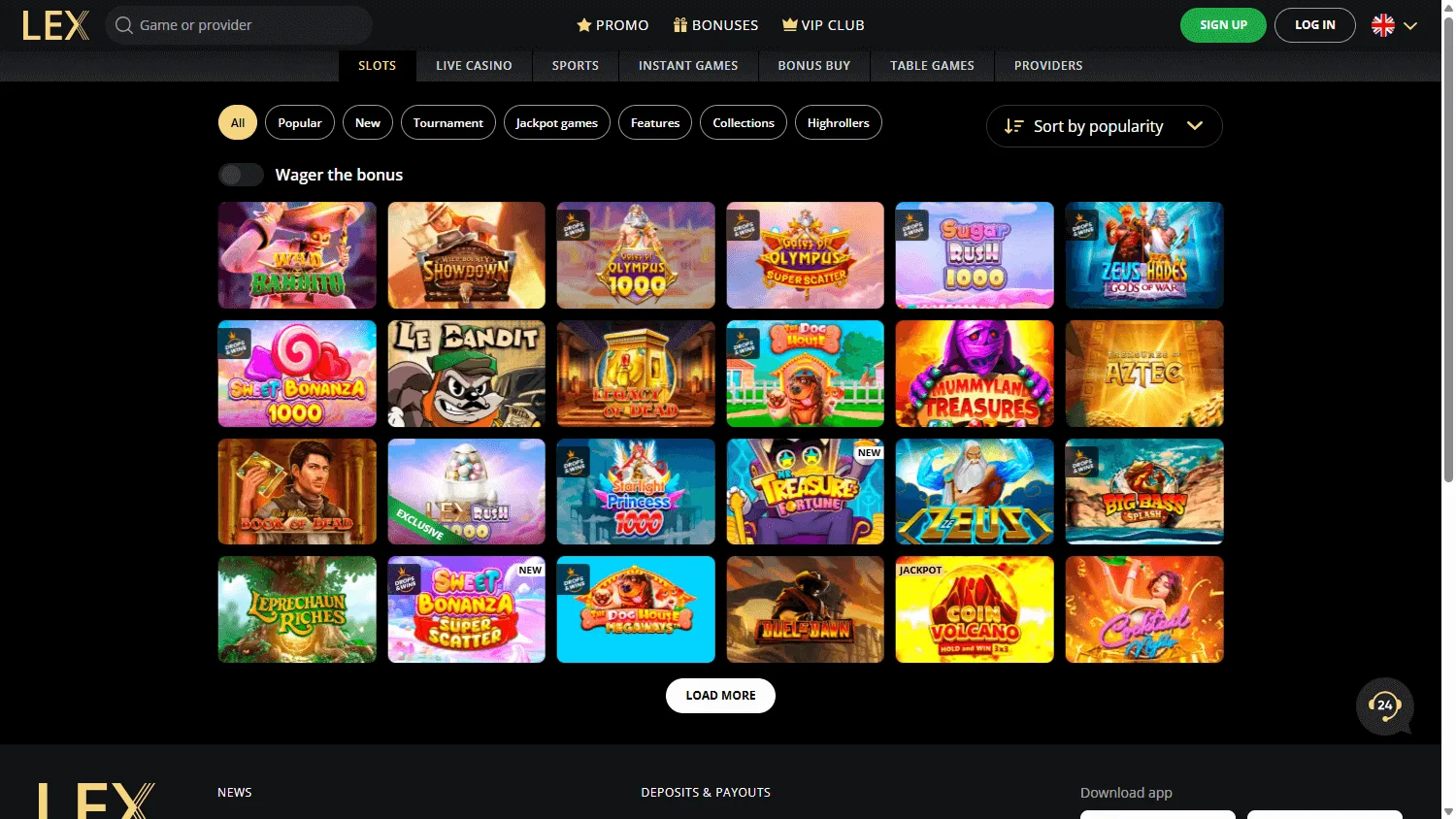Lex Casino desktop games area with casino categories and game choices