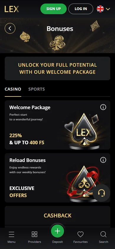 Lex Casino mobile promotions area with bonus and cashback offers